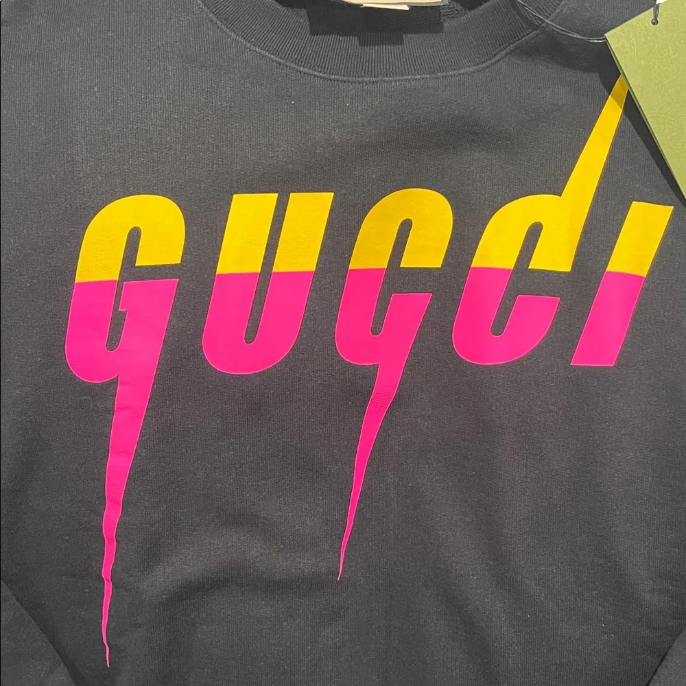 Gucci Men's Black Crewneck Sweater with Vibrant Logo